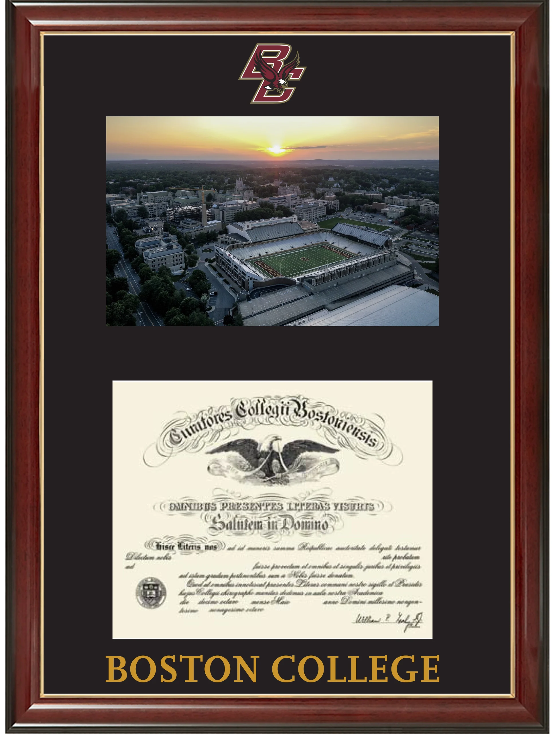 Solid Wood Display Satin Cherry Frame Panorama Picture w/ bottom for Diploma or Certificate, w/ Hot stamping of school and School Logo