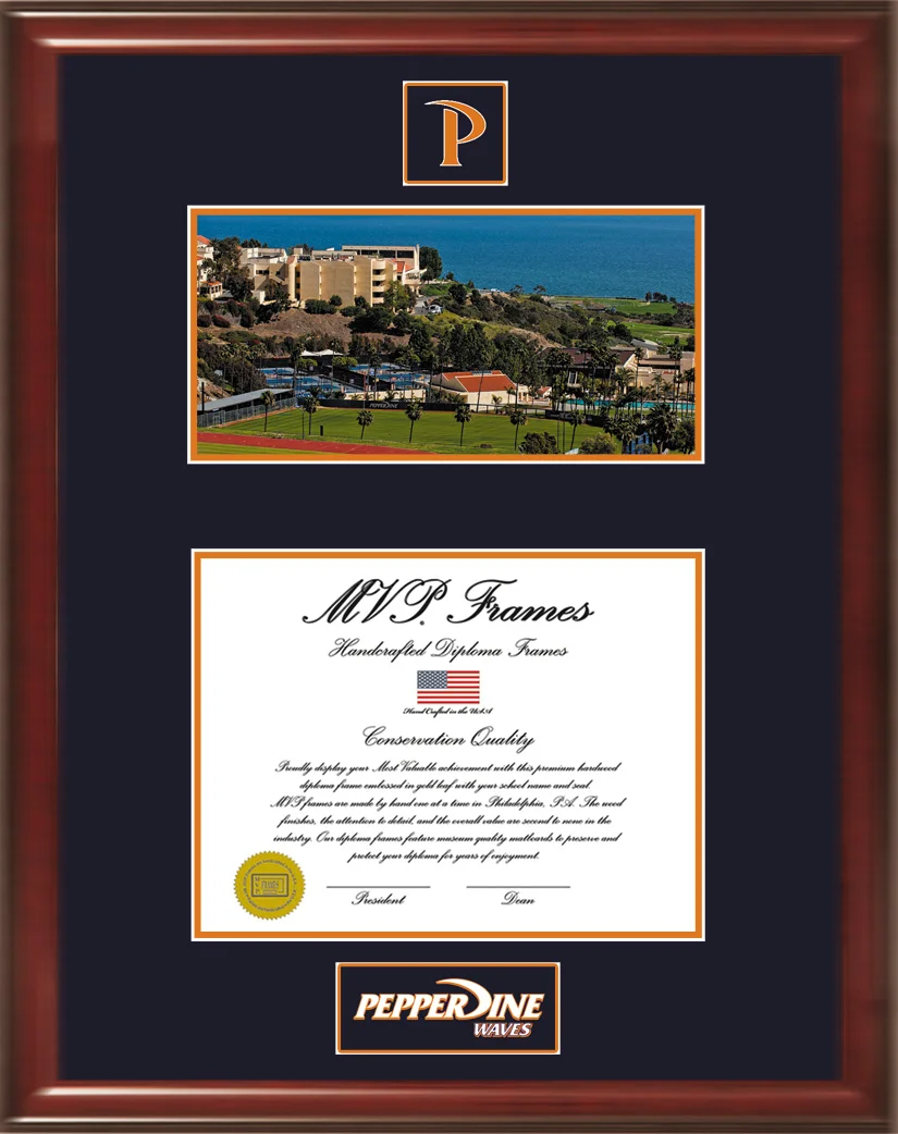 Solid Wood Display Satin Cherry Frame Panorama Picture w/ bottom for Diploma or Certificate with School Logo(s)
